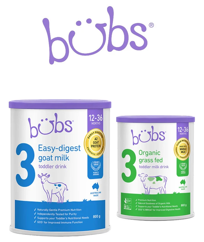 Bubs goat milk and organic grass-fed toddler milk products